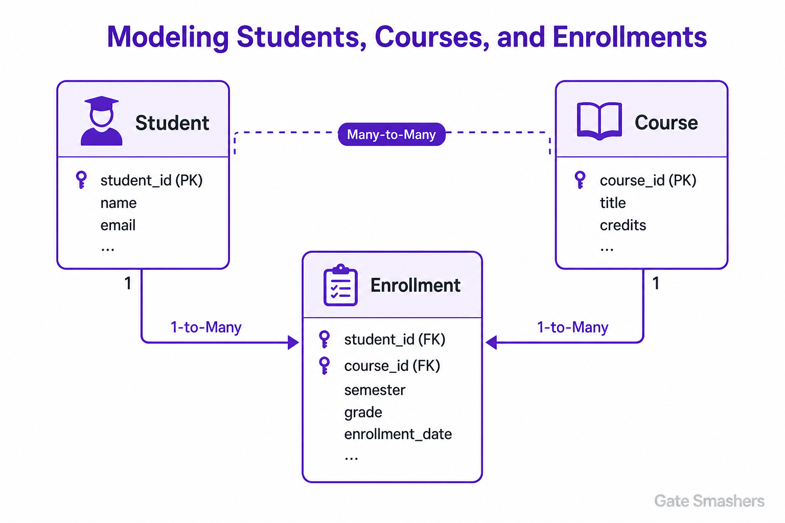 DBMS Interview Questions diagram explaining You are designing a college database. How would you model students, courses, and enrollments