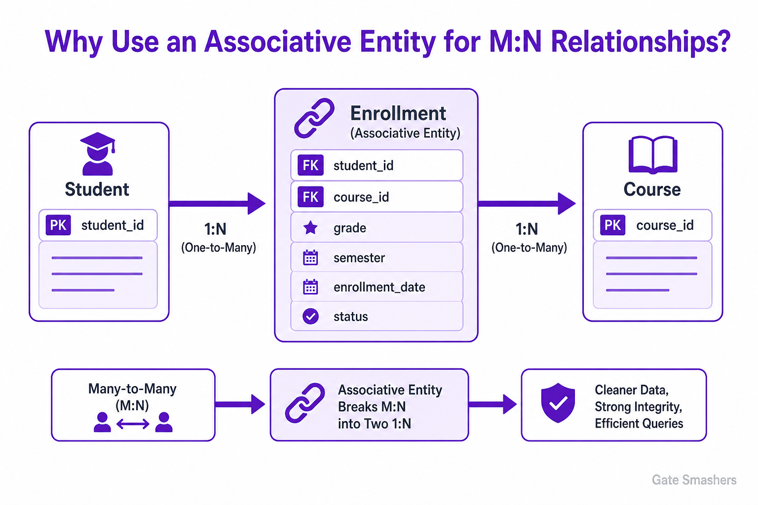 DBMS Interview Questions diagram explaining Why is a many-to-many relationship usually resolved using an associative entity